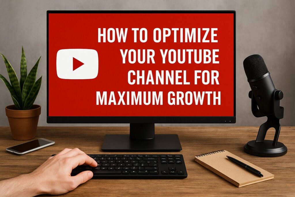 A photo-realistic landscape image of a workspace showing a monitor with the YouTube homepage, a DSLR camera, and a laptop, with the title "How To Optimize Your YouTube Channel For Maximum Growth" in bold white text.