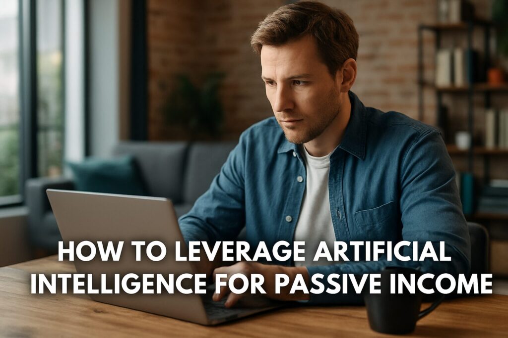 Focused young man working on his laptop in a modern loft with text overlay reading “How To Leverage Artificial Intelligence For Passive Income,” representing business planning using AI automation