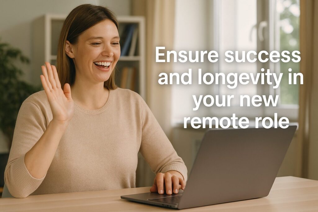 Smiling woman waving during a virtual meeting, with text overlay reading “Ensure success and longevity in your new remote role,” symbolizing career stability and engagement in remote work