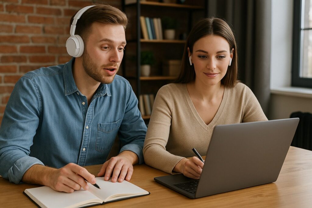 Young couple working remotely together; the man participates in an online meeting while the woman focuses on her laptop, set in a cozy home office with modern decor