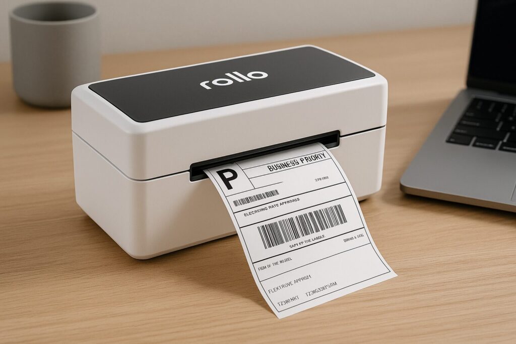 High-resolution image of the Rollo Wireless Label Printer on a clean workspace desk, featuring its compact design and label output slot, ideal for small business shipping needs