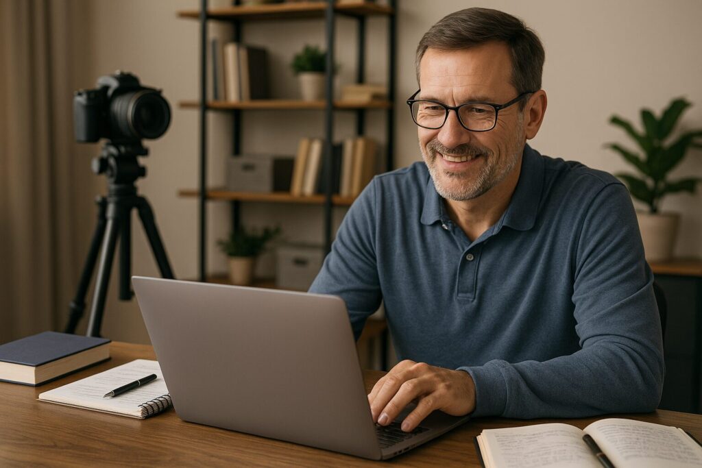Middle-aged man smiling while working on a laptop in his bright home office, creating digital content with a DSLR camera setup nearby