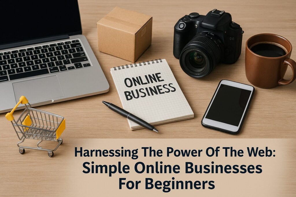 Photo of a creative online business workspace featuring a laptop, shipping box, camera, smartphone, and notebook titled “ONLINE BUSINESS,” with the article title prominently displayed on a wood desk.
