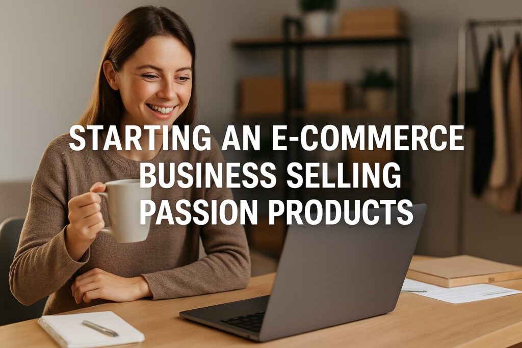 A smiling young creative entrepreneur standing in her modern workspace with a laptop, camera, and shipping boxes, overlaid with the title “Starting An E-commerce Business Selling Passion Products.”