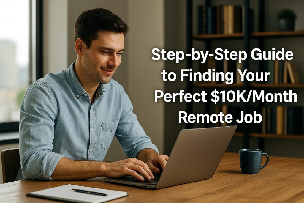 Smiling man working remotely on his laptop at home with a text overlay that reads, “Step-by-Step Guide to Finding Your Perfect $10K/Month Remote Job.”