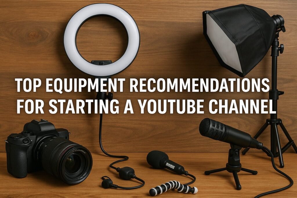 A home video creator’s desk setup with camera gear, lighting equipment, and a laptop displaying YouTube analytics, overlaid with the title “Top Equipment Recommendations For Starting A YouTube Channel.”