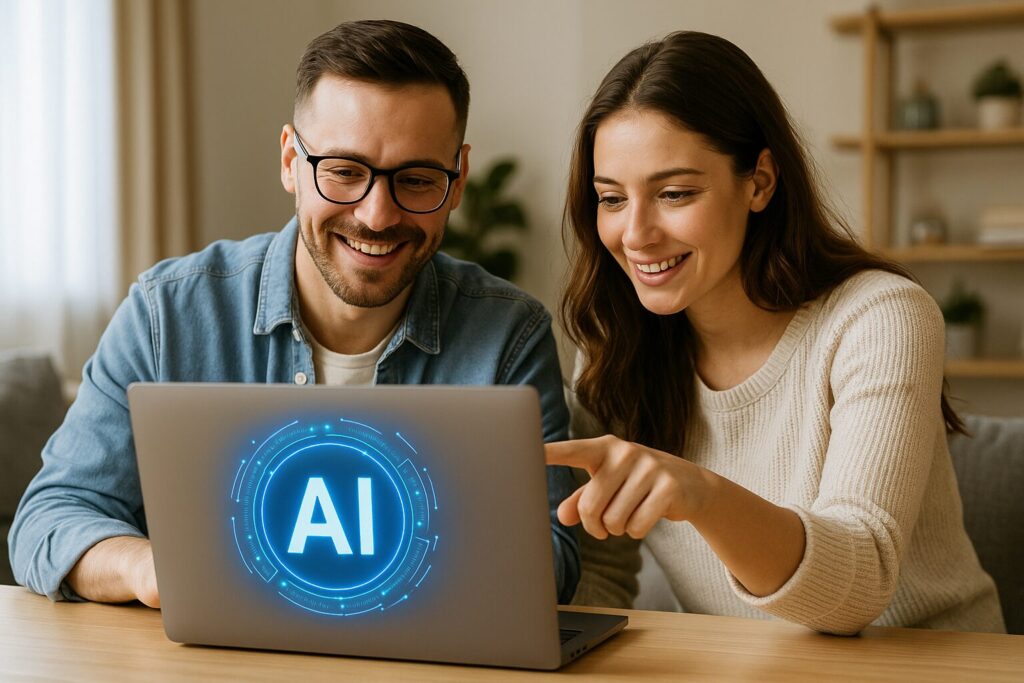 Smiling young couple using a laptop with an AI hologram displayed on the screen, exploring ways to generate passive income online