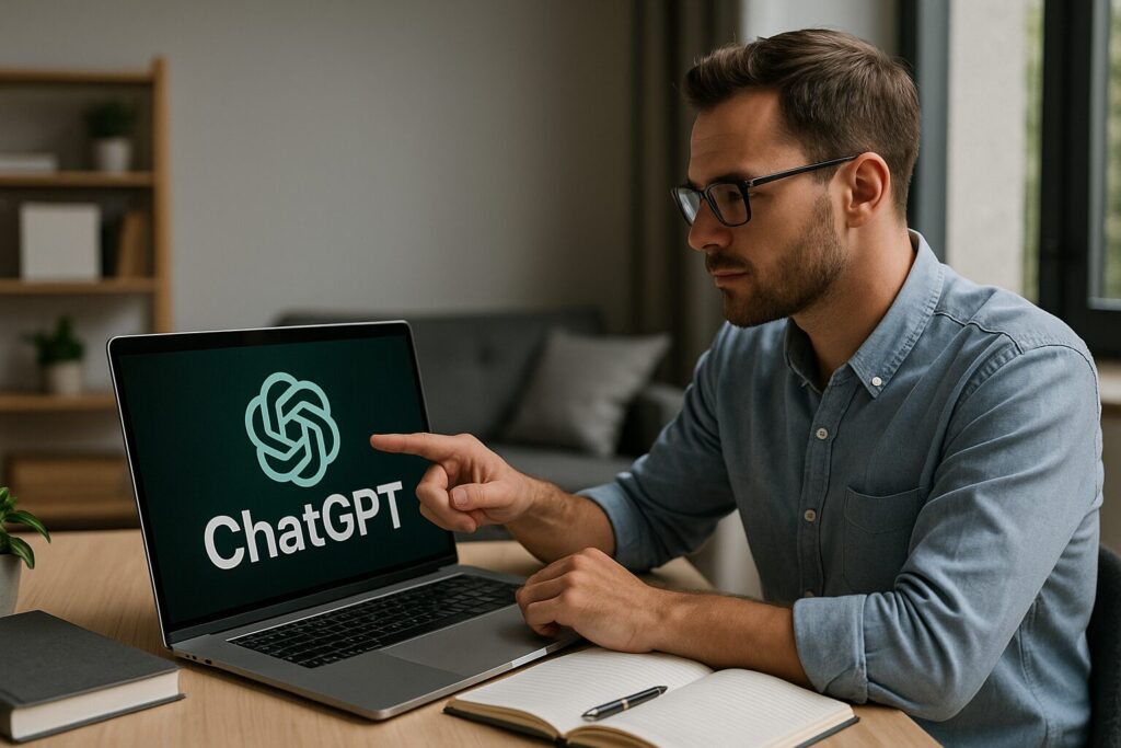 Young professional seated at a wooden desk pointing at a laptop screen displaying ChatGPT, with an open notebook and plant nearby, symbolizing a balanced workspace for automated income strategies.