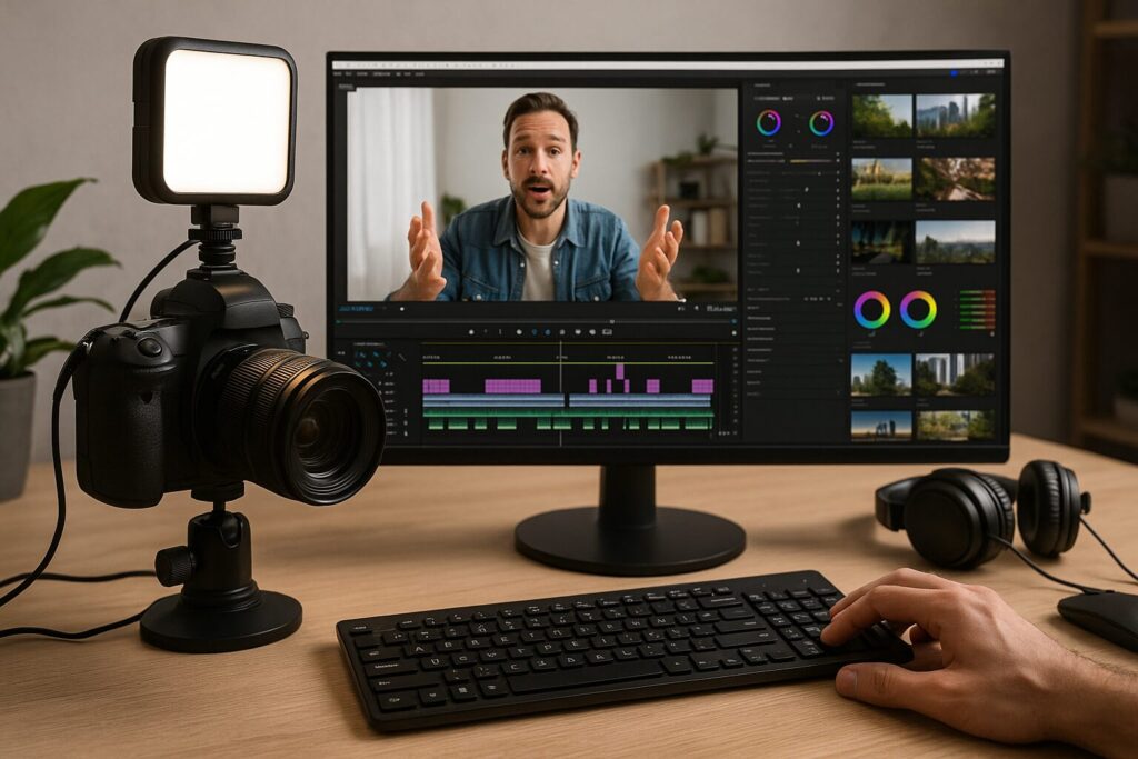 A digital photo showcasing a home recording space with softbox lighting, DSLR camera, and boom mic, ready for filming YouTube tutorials or interviews