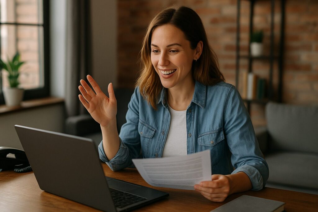 Smiling woman participating in a remote job interview via video call, holding a resume and engaging with confidence in her home office