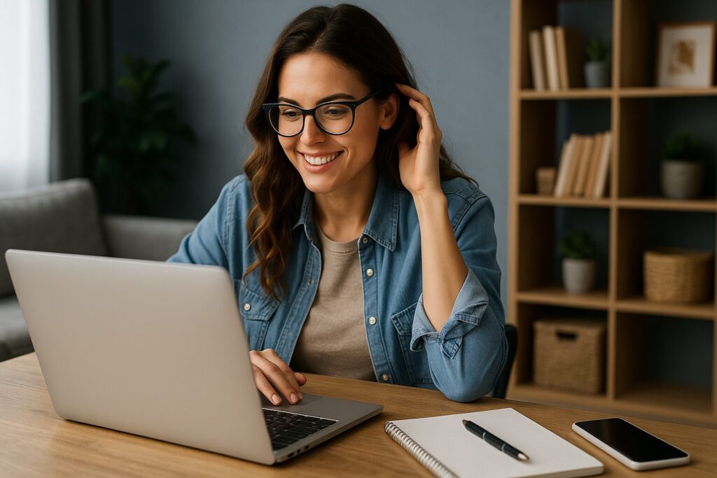 Young woman with glasses smiling while researching online business opportunities on her laptop in a cozy, stylish workspace
