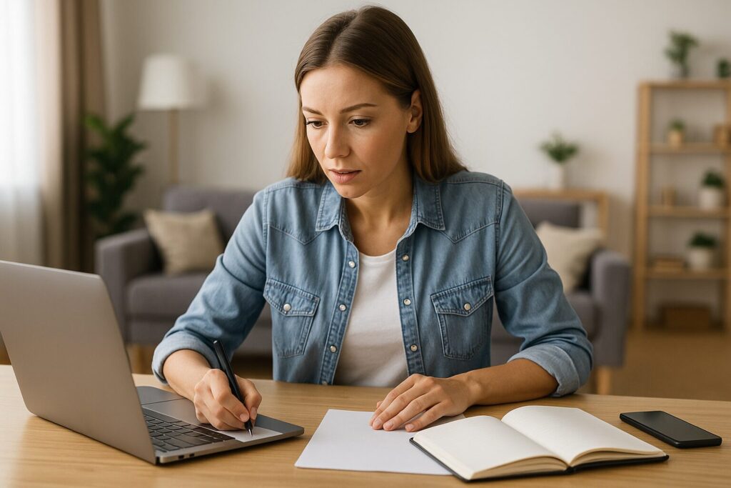 Young woman focused on her laptop while taking notes at home, planning her remote career path in a bright, modern living space