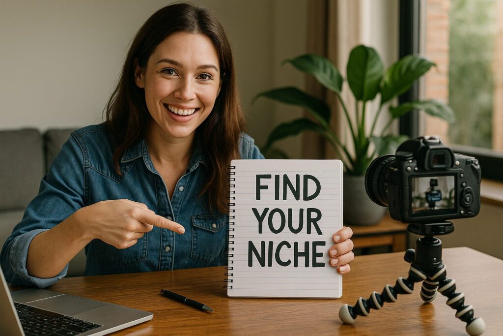A female YouTuber researching popular content ideas and trending niches on her computer with notebooks and analytics tools around her