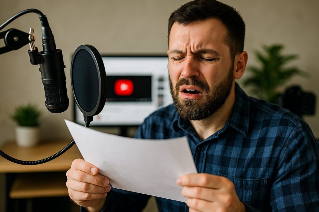 A bearded male content creator adjusting his camera and ring light in a home studio while preparing to record his first YouTube video