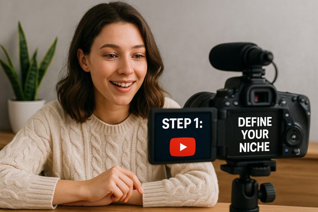 A smiling young woman sitting at a wooden desk, recording a YouTube video with a DSLR camera. The camera’s flip screen displays “STEP 1: DEFINE YOUR NICHE,” emphasizing the importance of identifying a target audience for a YouTube channel.