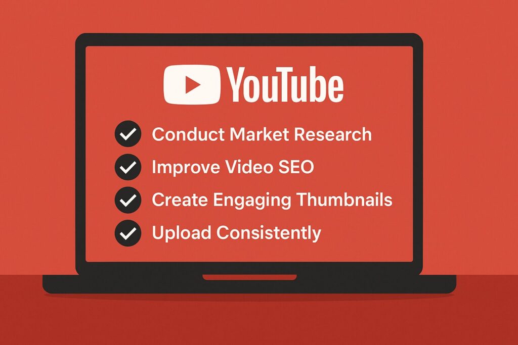 A modern digital graphic showing a laptop with the YouTube logo and four optimization strategies listed: Conduct Market Research, Improve Video SEO, Create Engaging Thumbnails, and Upload Consistently