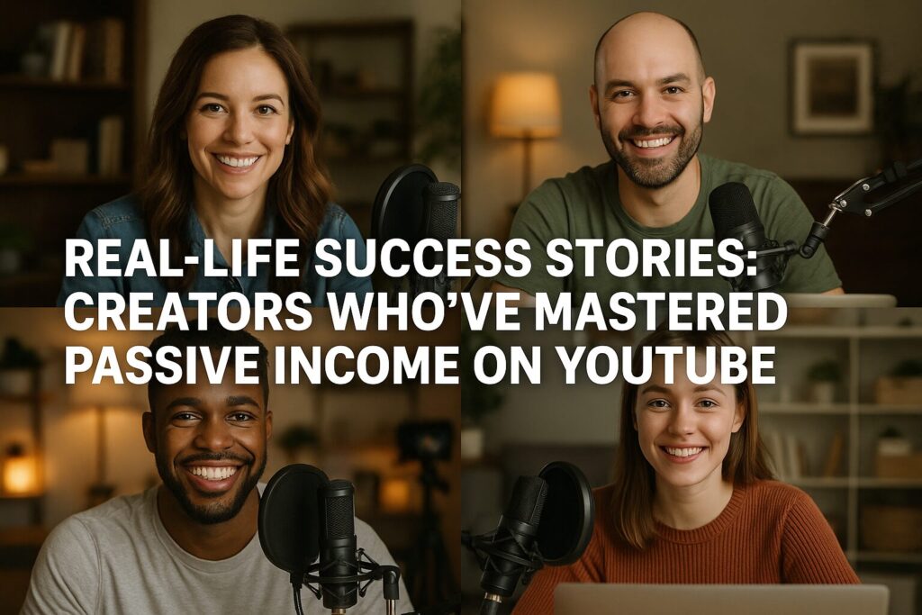 Four diverse YouTube creators smiling in their home studios with podcast microphones and recording equipment, overlaid with bold text reading “REAL-LIFE SUCCESS STORIES: CREATORS WHO’VE MASTERED PASSIVE INCOME ON YOUTUBE.”