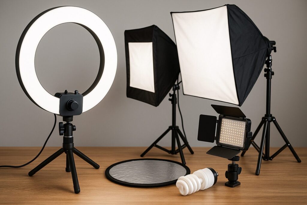 A flat lay image of essential YouTube gear including a Sony ZV-1 camera, wireless microphone, ring light remote, and accessories arranged on a wooden table