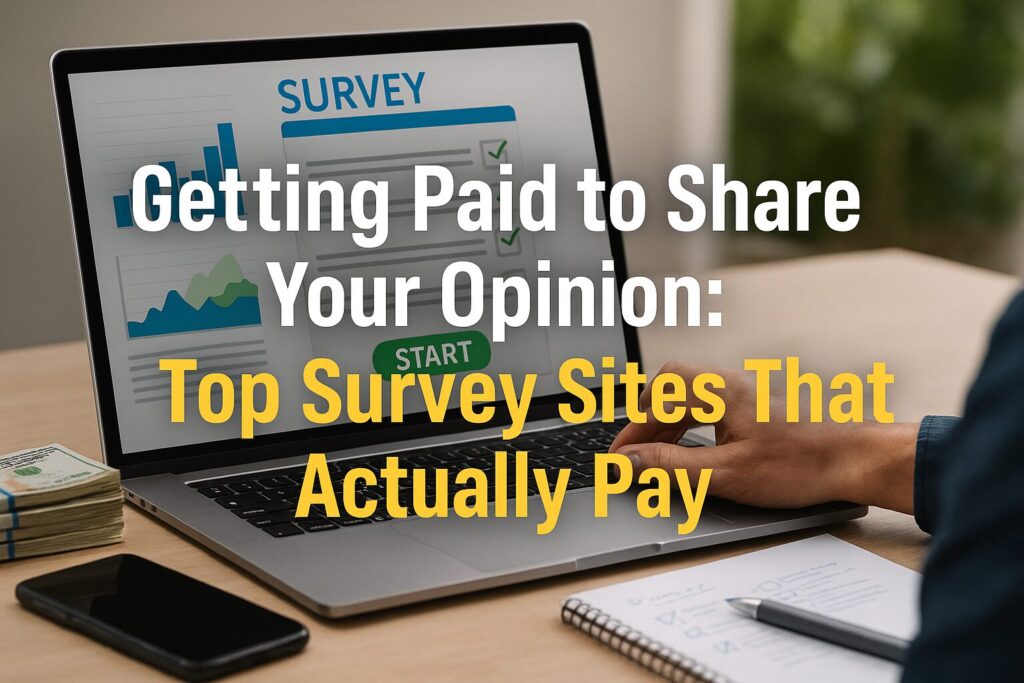A person using a laptop to complete a survey with the text “Getting Paid to Share Your Opinion: Top Survey Sites That Actually Pay” overlaid in bold, modern font.