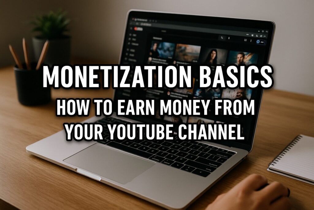 Laptop displaying YouTube homepage on a wooden desk with text overlay reading 'Monetization Basics: How to Earn Money From Your YouTube Channel