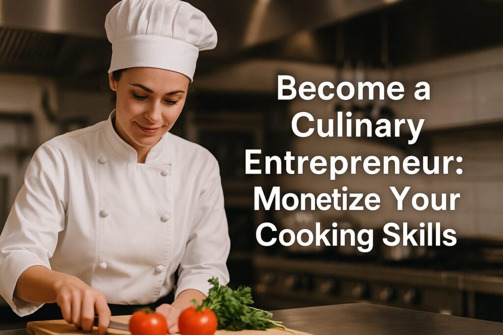 "Female chef in a commercial kitchen slicing vegetables with text overlay that reads 'Become a Culinary Entrepreneur: Monetize Your Cooking Skills'"