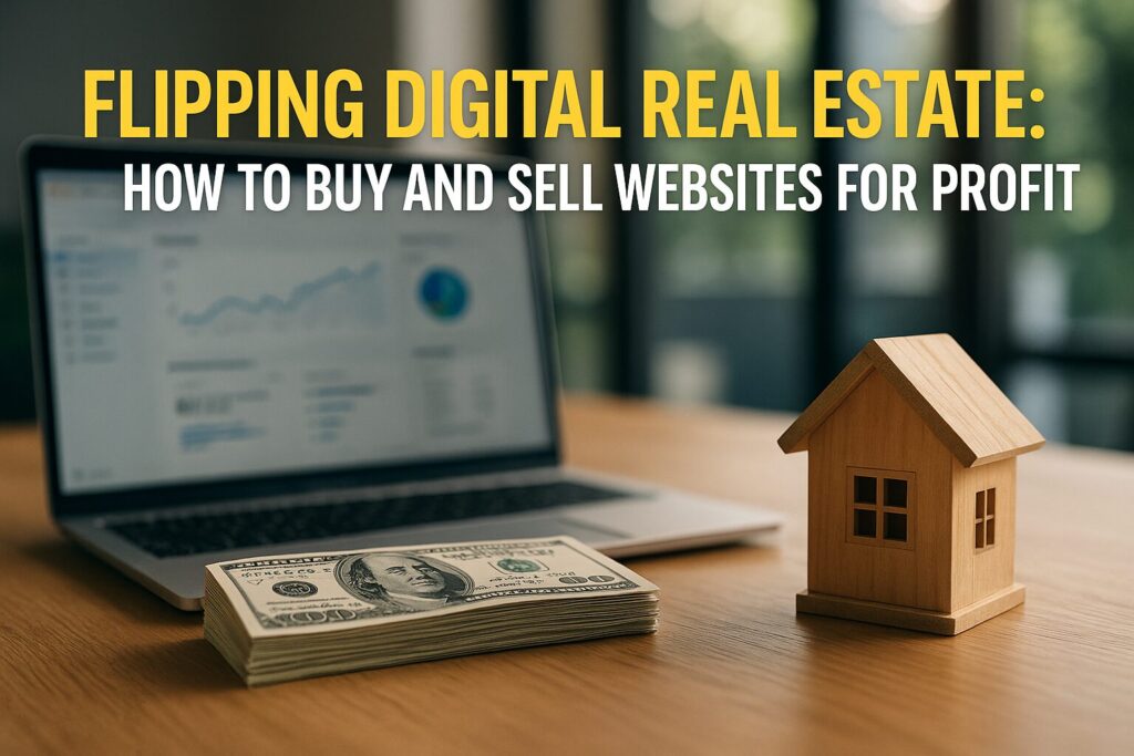 A laptop displaying analytics sits beside a stack of money and a wooden house model on a desk with the title "Flipping Digital Real Estate: How to Buy and Sell Websites for Profit" overlaid.