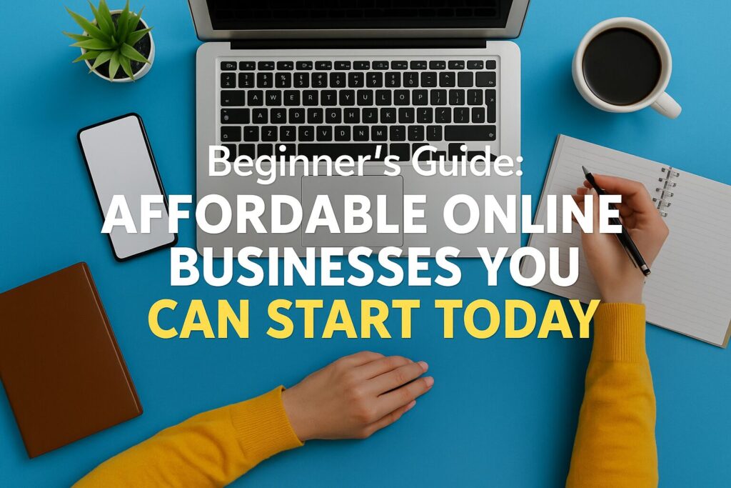 A young woman with natural curls smiles confidently while working on a laptop in a bright home office, with the text "Beginner’s Guide: Affordable Online Businesses You Can Start Today" in bold white font.