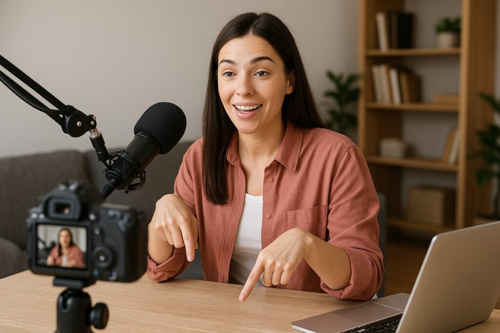 Young woman recording a YouTube video at home with a microphone, camera, and laptop in a cozy living room setting
