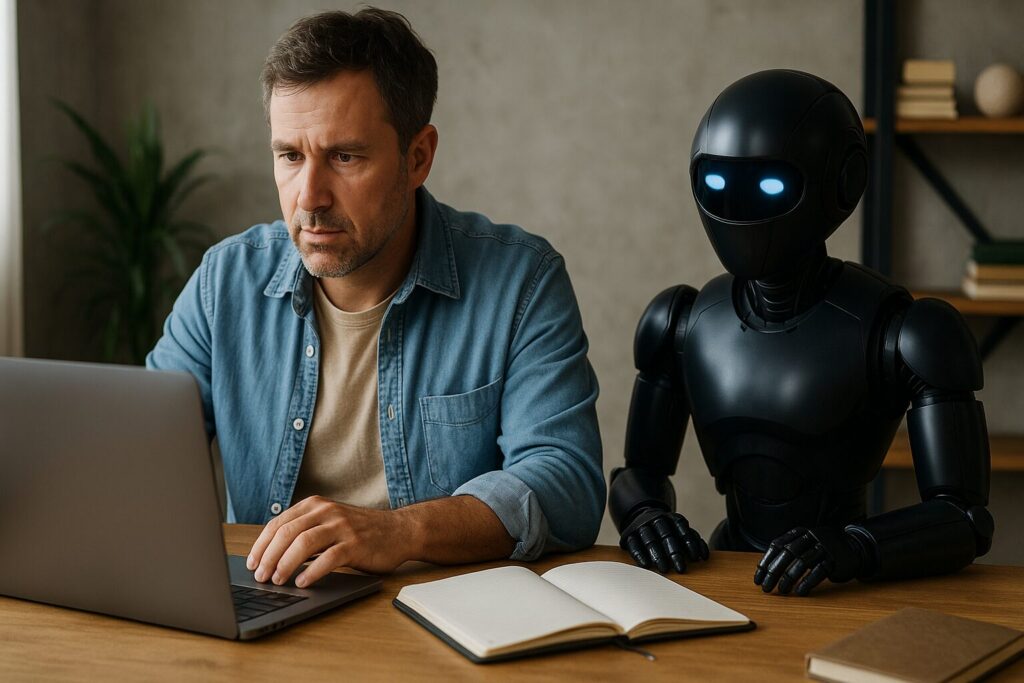 A middle-aged man works on a laptop with a sleek black robot beside him, surrounded by notebooks and tech tools on a wooden desk, reflecting AI-assisted productivity