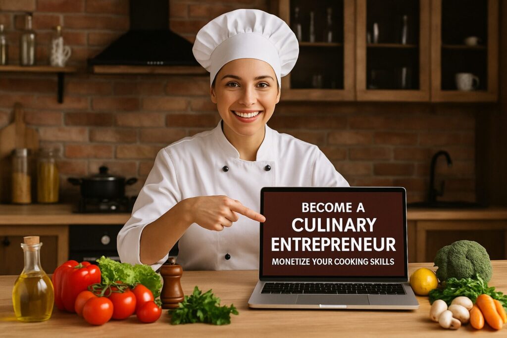 Smiling chef pointing to a laptop that displays 'Become a Culinary Entrepreneur: Monetize Your Cooking Skills' in a rustic kitchen