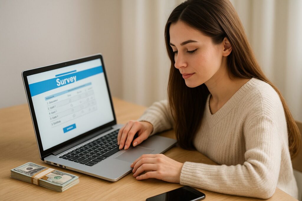 A woman with long brown hair completes an online survey on her laptop at a wooden table, with a stack of cash and a smartphone beside her in soft natural light.