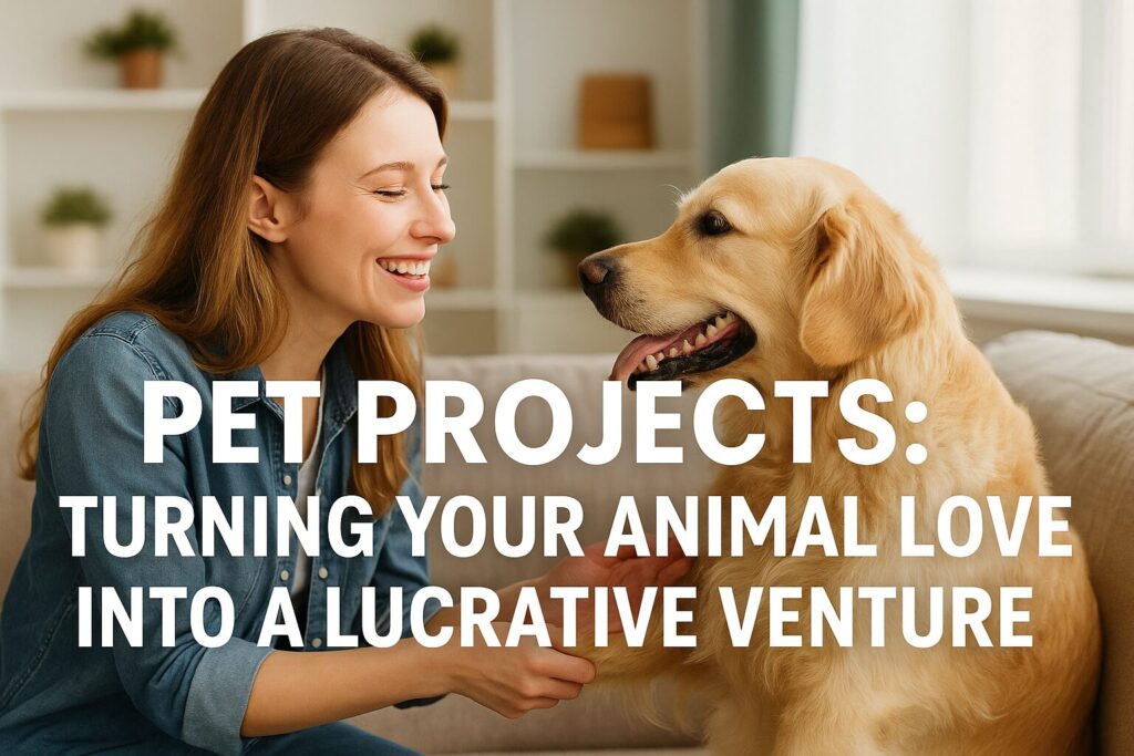 Smiling woman and golden retriever bonding in a cozy living room with text overlay 'Pet Projects: Turning Your Animal Love Into A Lucrative Venture