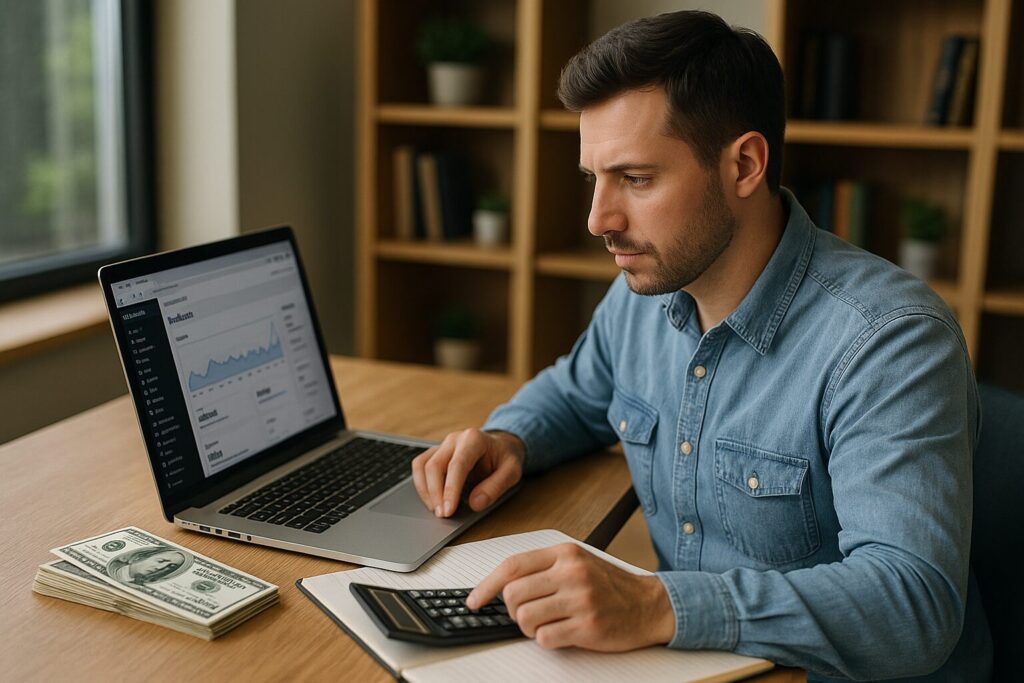 A man in a denim shirt works on website analytics using a laptop, calculator, and notebook, with a stack of money nearby.