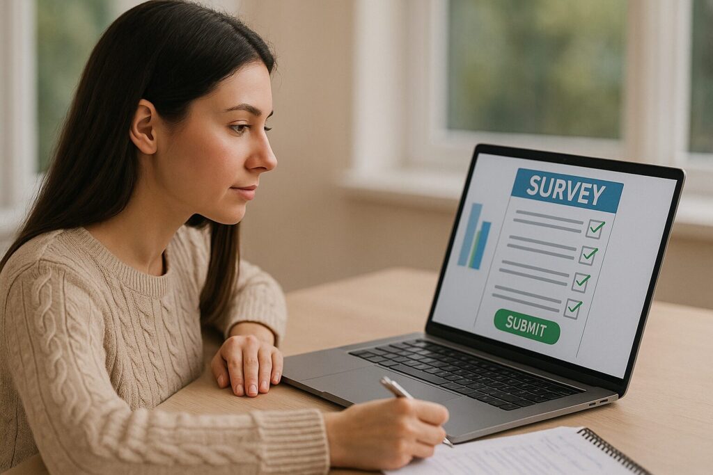 A young woman in a beige sweater fills out an online survey on her laptop, surrounded by cash and a notepad on a light wood desk