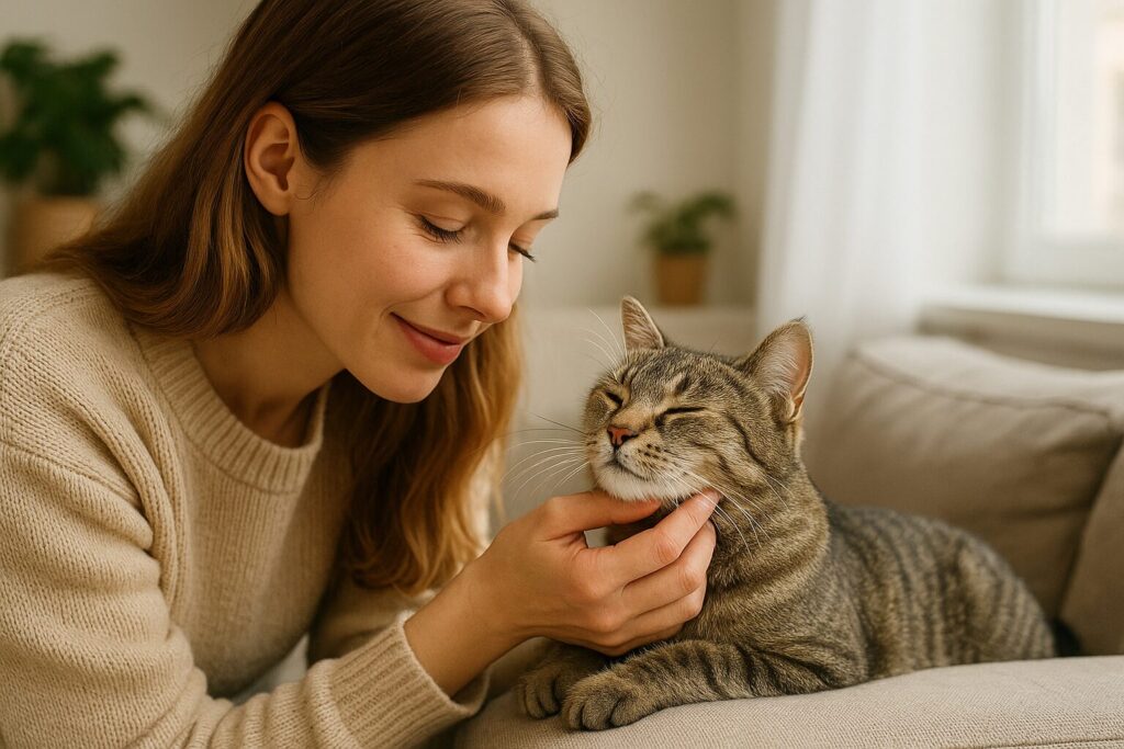 Young woman gently scratching a content tabby cat’s chin in a warmly lit living room