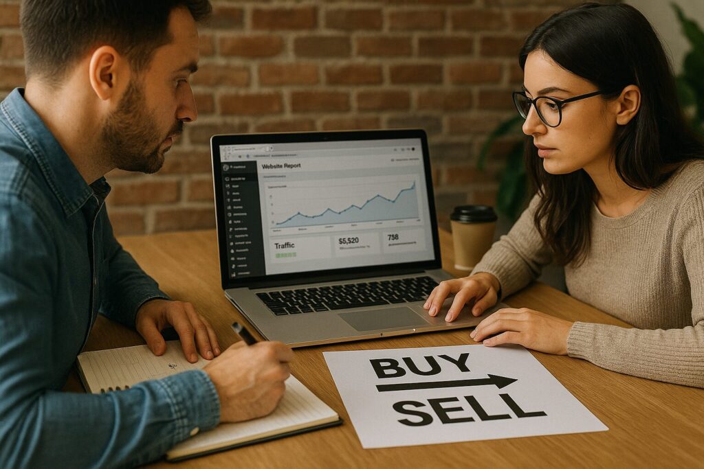 A man and woman collaborate at a desk with a laptop showing website traffic, notes, and a "Buy → Sell" sign.