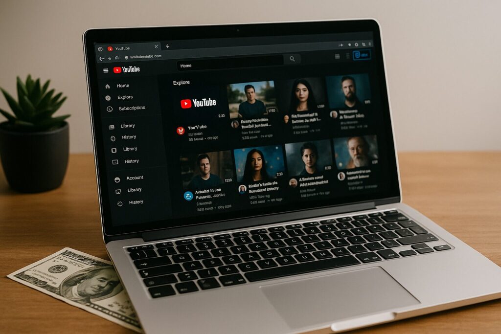 Close-up of a laptop displaying the YouTube homepage with a $100 bill and plant on a wooden surface