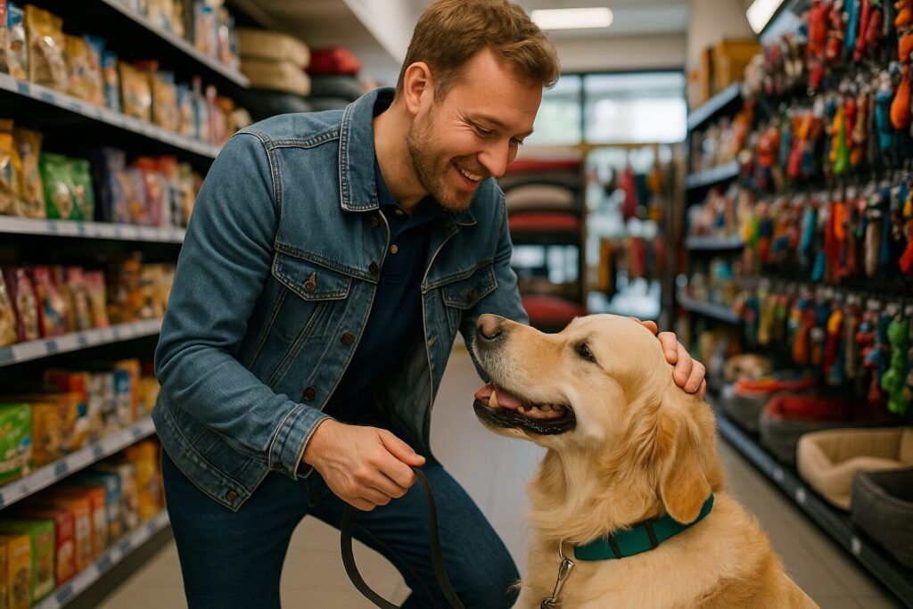 Man in denim jacket petting a golden retriever in a colorful pet store aisle