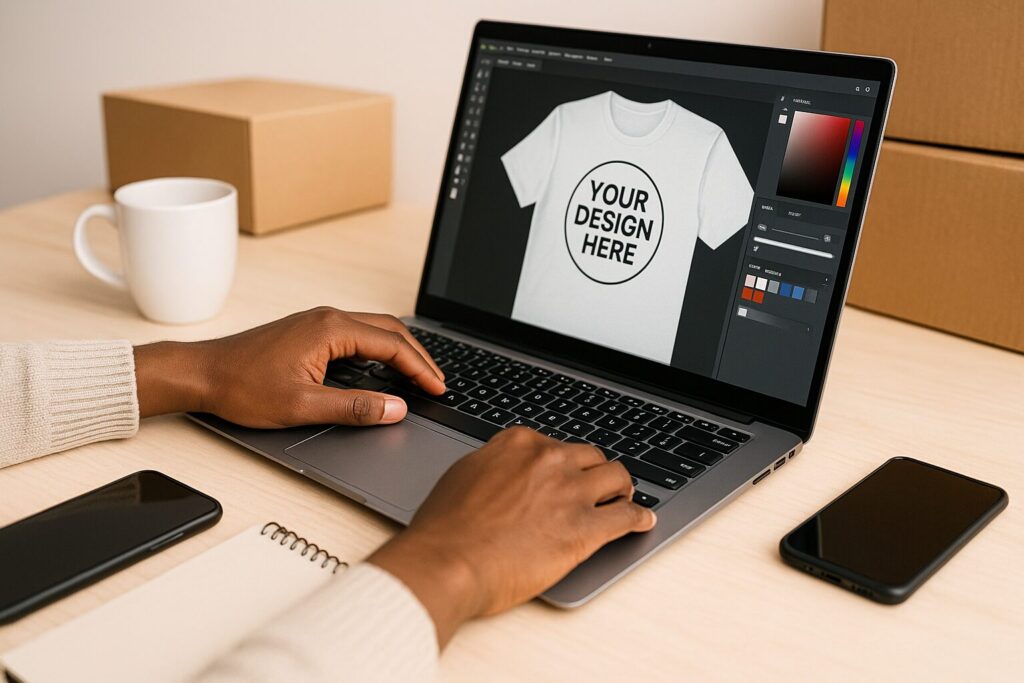 Close-up of hands working on a POD t-shirt design on a laptop, surrounded by a smartphone, mug, notebook, and boxes in a minimalist setting.