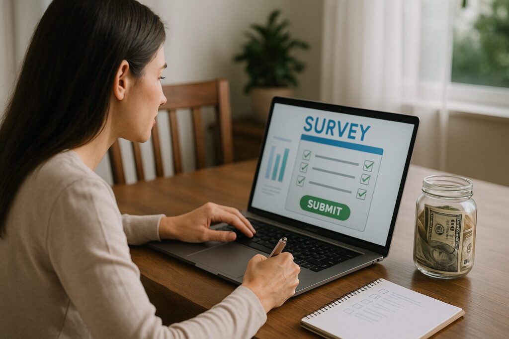 A woman seated at a dining table works on a laptop survey with a jar of money beside her and a notepad open.