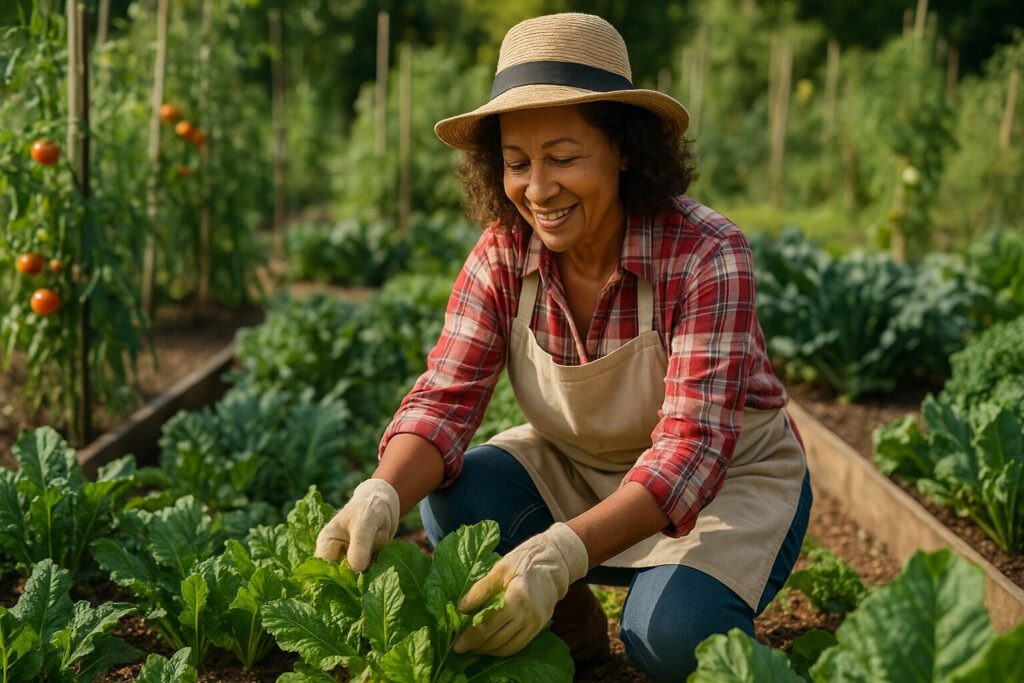 Smiling African American woman in a straw hat and plaid shirt tending leafy greens in raised garden beds