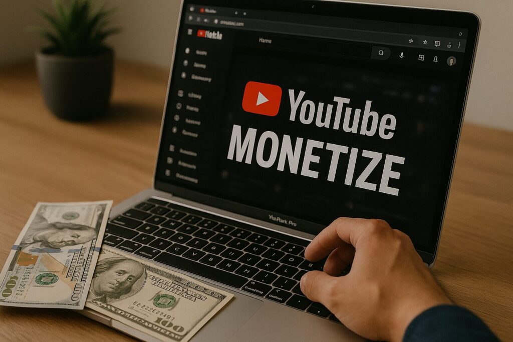 Person using a MacBook Pro with YouTube screen showing 'Monetize' text, surrounded by US dollar bills on a desk