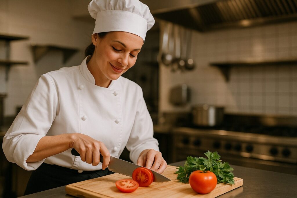 Chef slicing a tomato on a wooden cutting board with parsley in a professional kitchen setting
