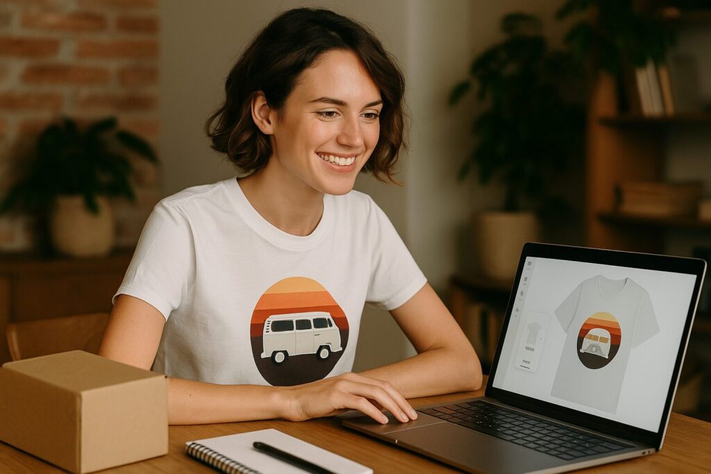 A young Caucasian woman wearing a custom printed shirt smiles while designing t-shirts on her laptop in a home office setup.