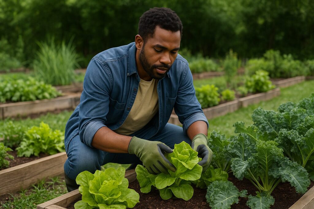 Focused African American man in denim crouching over a raised bed harvesting vibrant lettuce in a lush garden