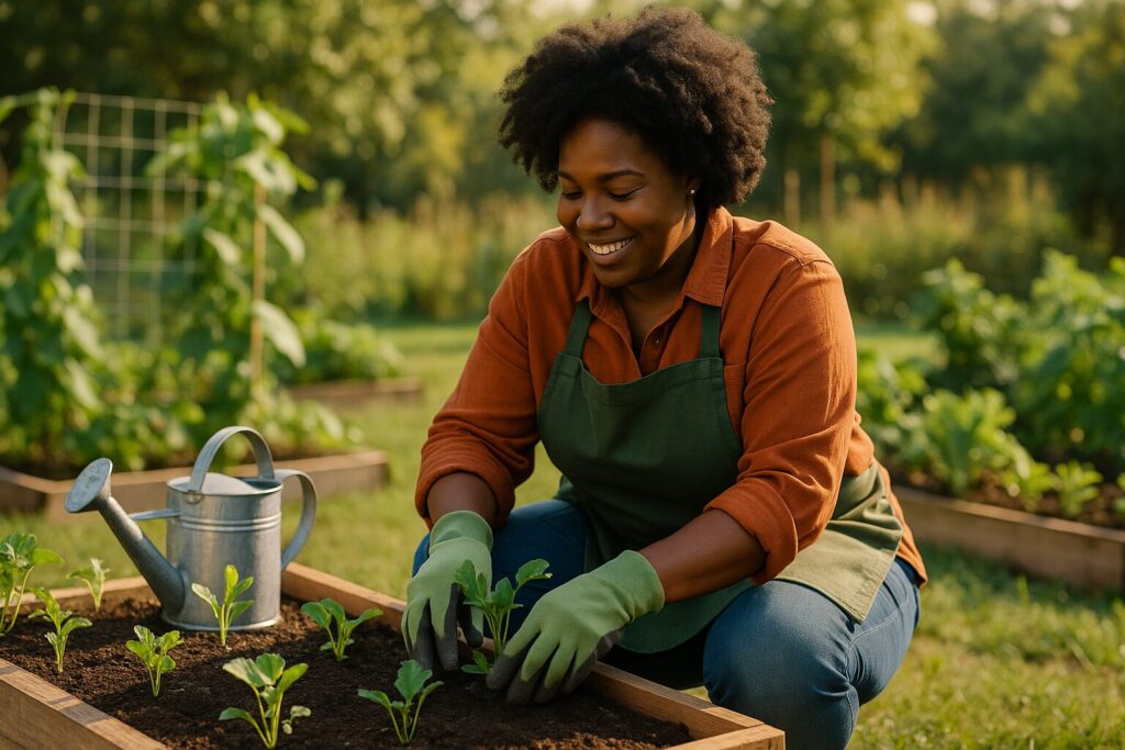 African American woman in green apron planting young vegetable starts in a raised bed with a watering can nearby