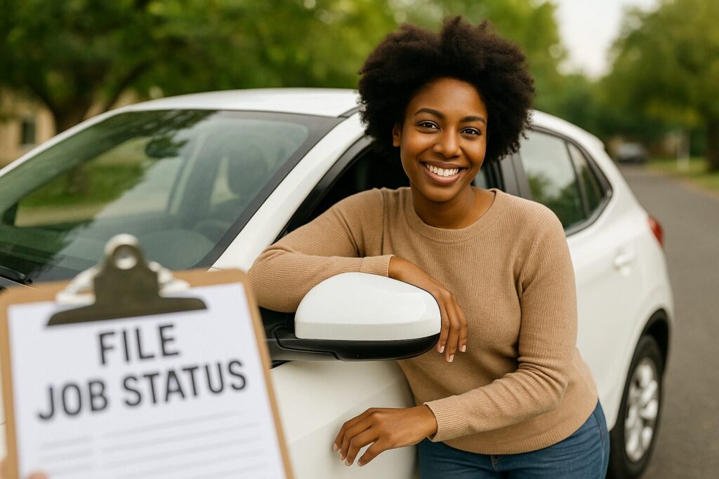 An African American woman standing near her parked car using a smartphone app to manage her car rental listing.