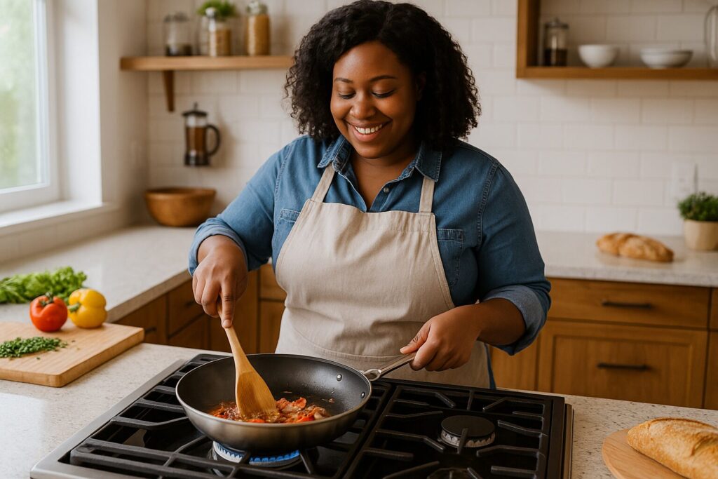 African American female chef sautéing vegetables on a stove in a bright, modern kitchen