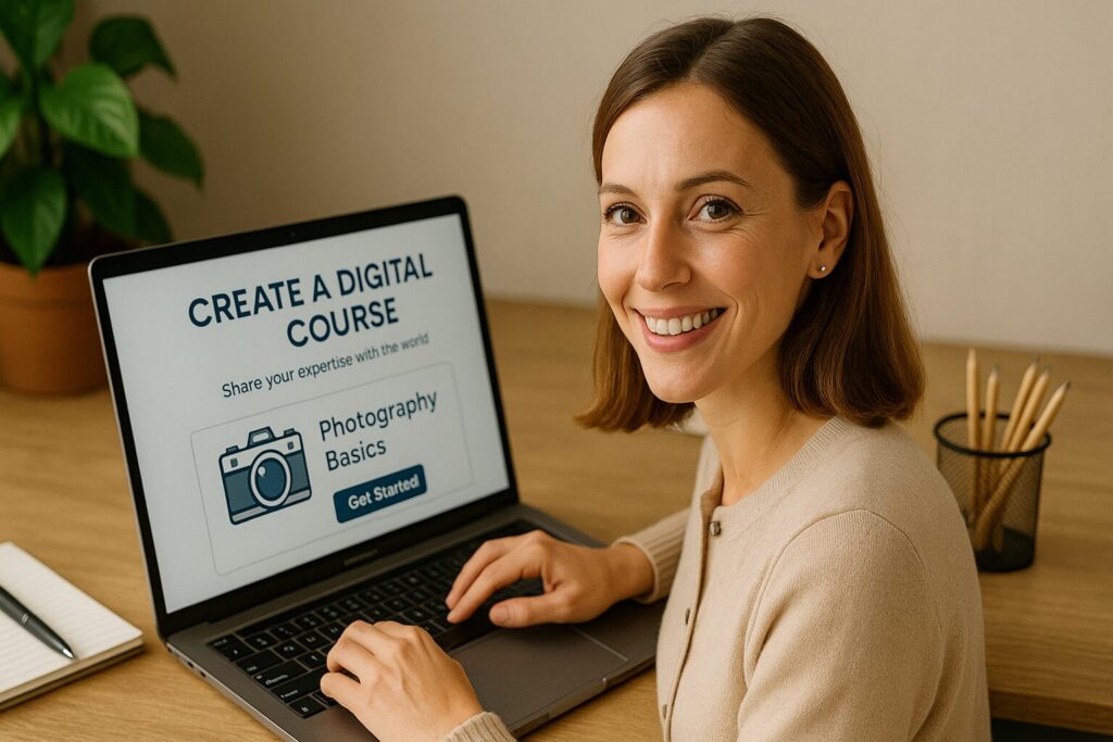 A Caucasian woman with shoulder-length hair working on a laptop while creating her online course in a cozy home office