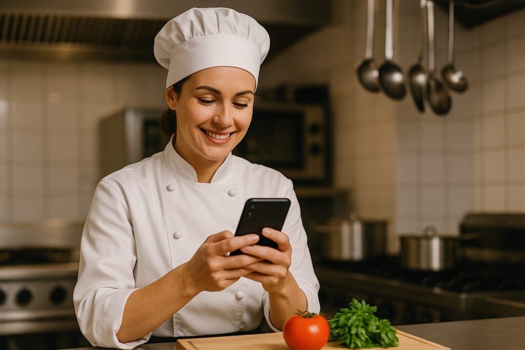 Female chef smiling while looking at her smartphone in a commercial kitchen with fresh ingredients nearby
